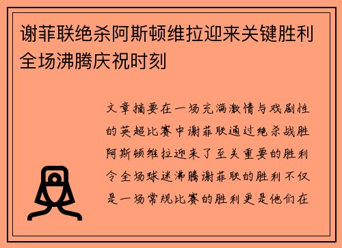 谢菲联绝杀阿斯顿维拉迎来关键胜利全场沸腾庆祝时刻