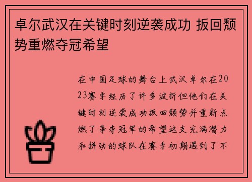 卓尔武汉在关键时刻逆袭成功 扳回颓势重燃夺冠希望