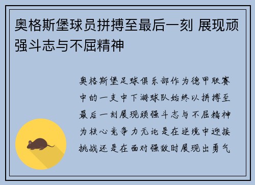 奥格斯堡球员拼搏至最后一刻 展现顽强斗志与不屈精神