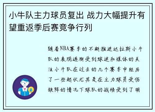 小牛队主力球员复出 战力大幅提升有望重返季后赛竞争行列