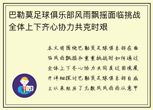 巴勒莫足球俱乐部风雨飘摇面临挑战全体上下齐心协力共克时艰