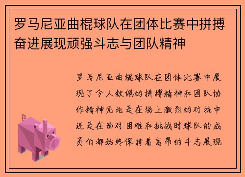 罗马尼亚曲棍球队在团体比赛中拼搏奋进展现顽强斗志与团队精神