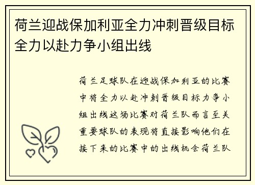 荷兰迎战保加利亚全力冲刺晋级目标全力以赴力争小组出线