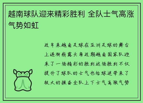 越南球队迎来精彩胜利 全队士气高涨气势如虹