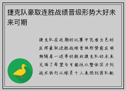 捷克队豪取连胜战绩晋级形势大好未来可期